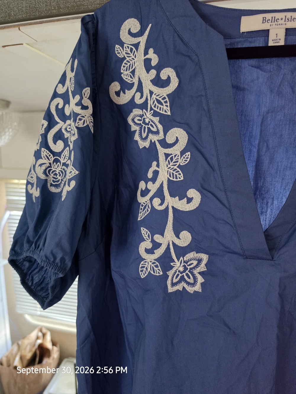 Belle+Isle Navy Embroidered V-Neck Blouse with White Floral Detail
